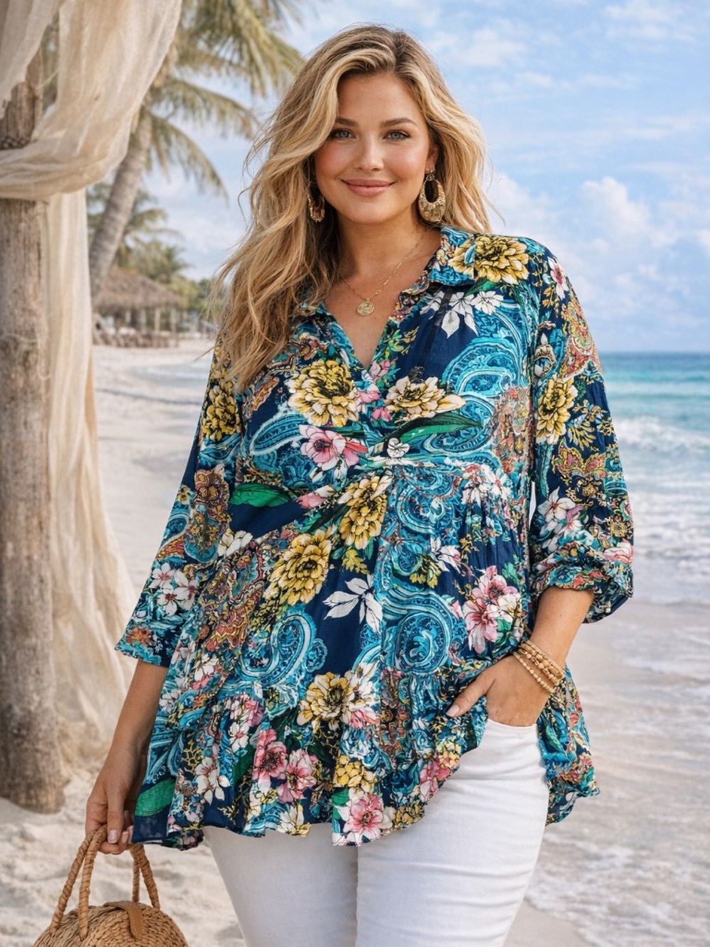 Roaman’s Boho Floral Paisley Tunic Top | Size 22W | Flowy Peplum Hem
